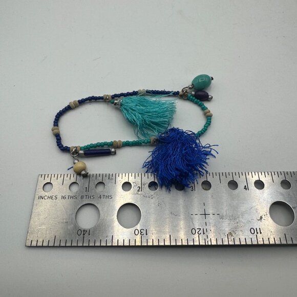 Boho Beaded Bracelet With Blue & Turquoise Tassels And Charms - Picture 4 of 4